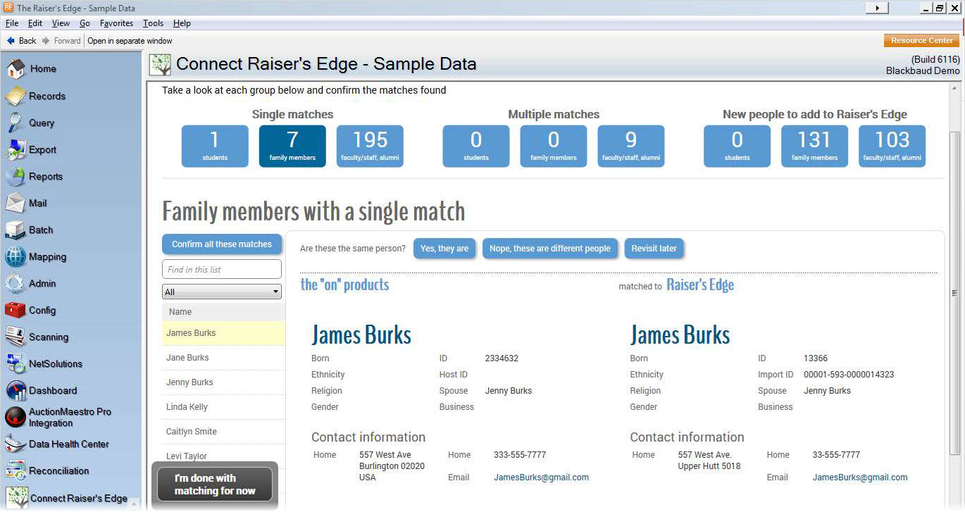 Connect Raiser's Edge displays family members with a single match